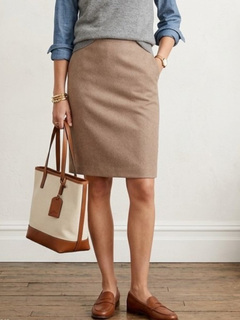 J. Crew Women's The Pencil Skirt Sz 4 Wool Blend Flat Front Lined Camel Tan Fall